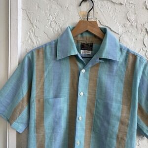 Vintage Sears Shirt Mens Small Blue Tan Stripe Loop Collar Perma Prest 70s